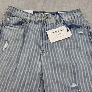 Eunina Tobi Mom Jean Women 7 Blue NWT Distressed Raw Hem Striped Super High Rise